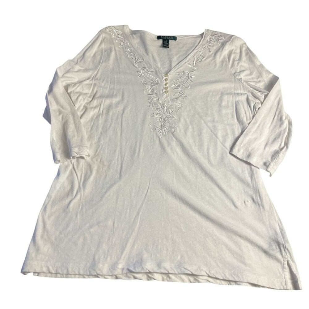 Lauren Ralph Lauren White Embroidered Tunic Top 3/4 Sleeves V-Neck L button